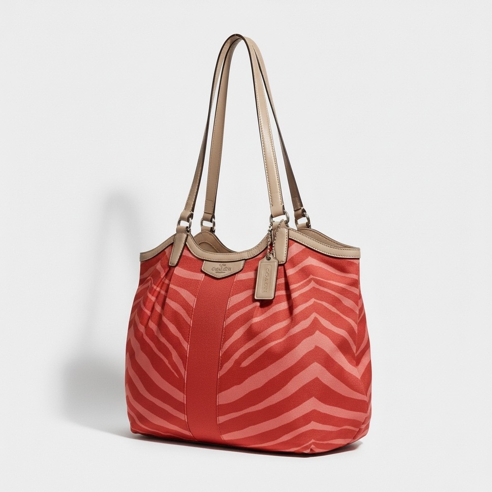 ✨Coach Devin Zebra Print Shoulder Bag F24022 Red Coral Jacquard Tote Rare